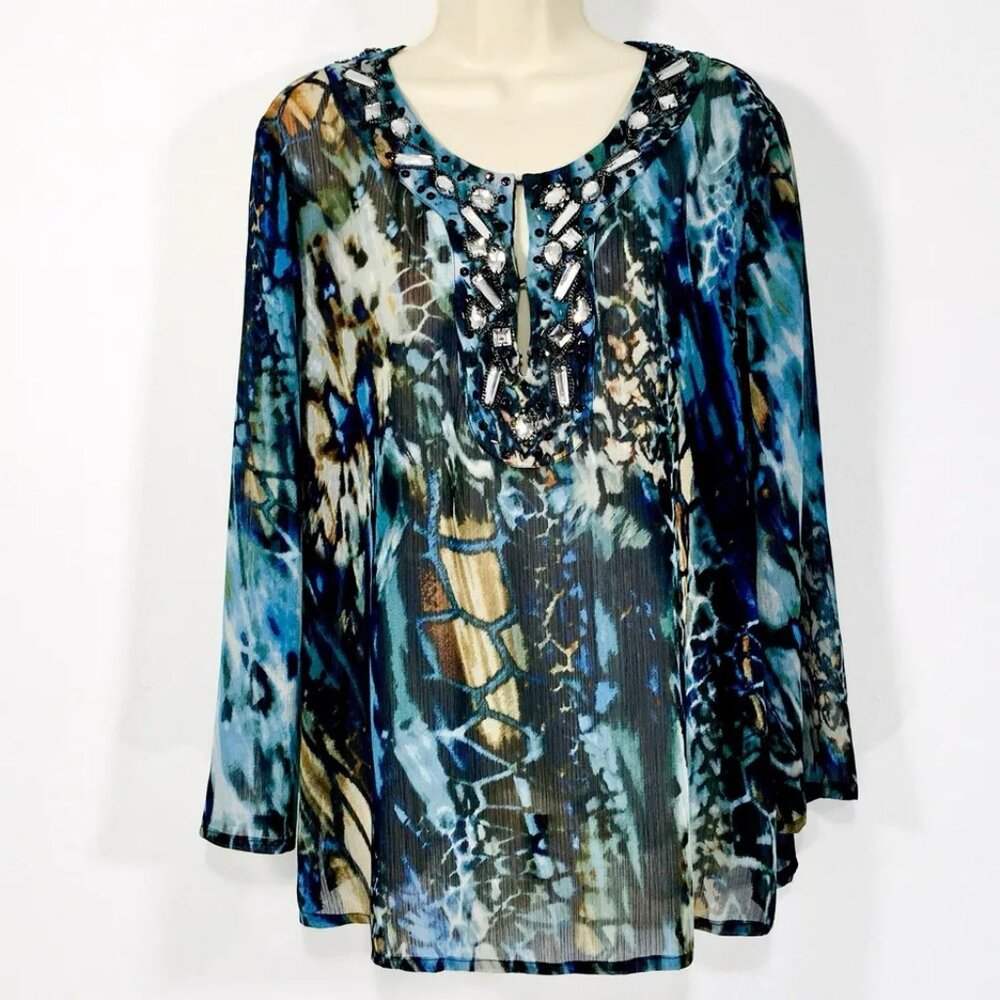CHICO'S Gem Embellished Long Sleeve Tunic Top Size Large US 12/14 Side Split
